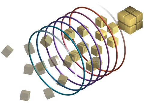 Small cubes coming through multiple colorful rings with a larger cube as their destination.