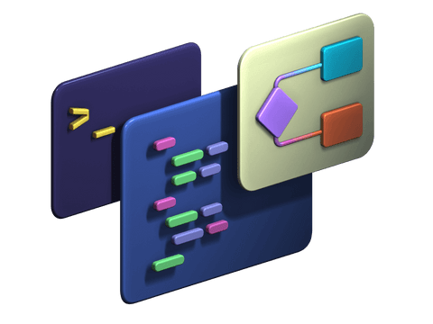 Three squares next to each other, representing a terminal, a code block, and a workflow.